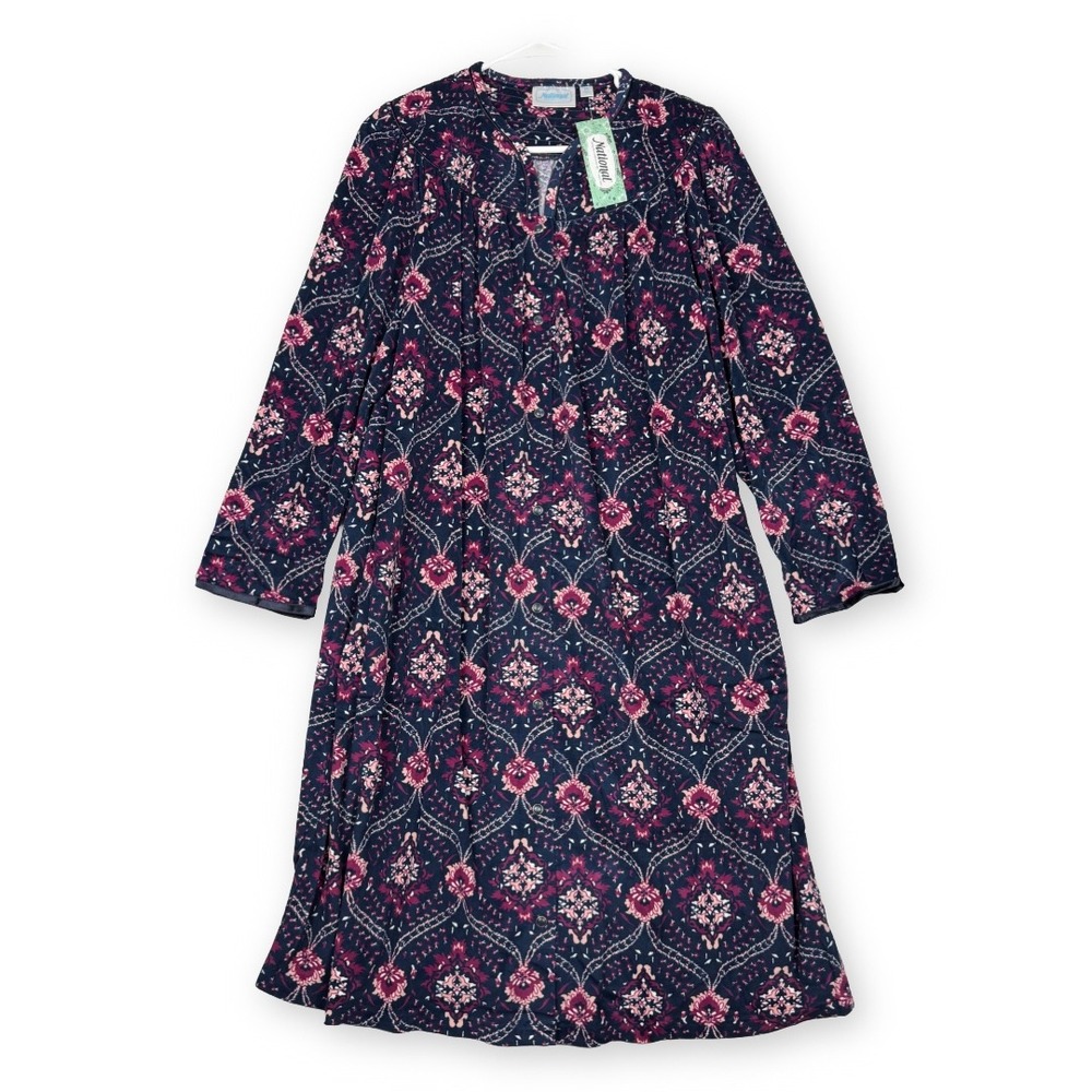 National Women Navy Blue Pink Floral Medallion Lounger Dress Nightgown M 22598